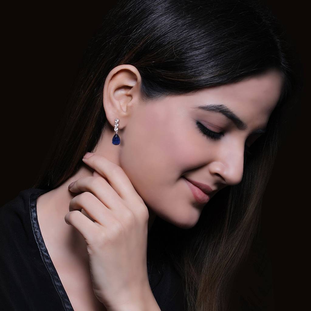 Silver Sapphire Blue Drop Earrings : ER0223