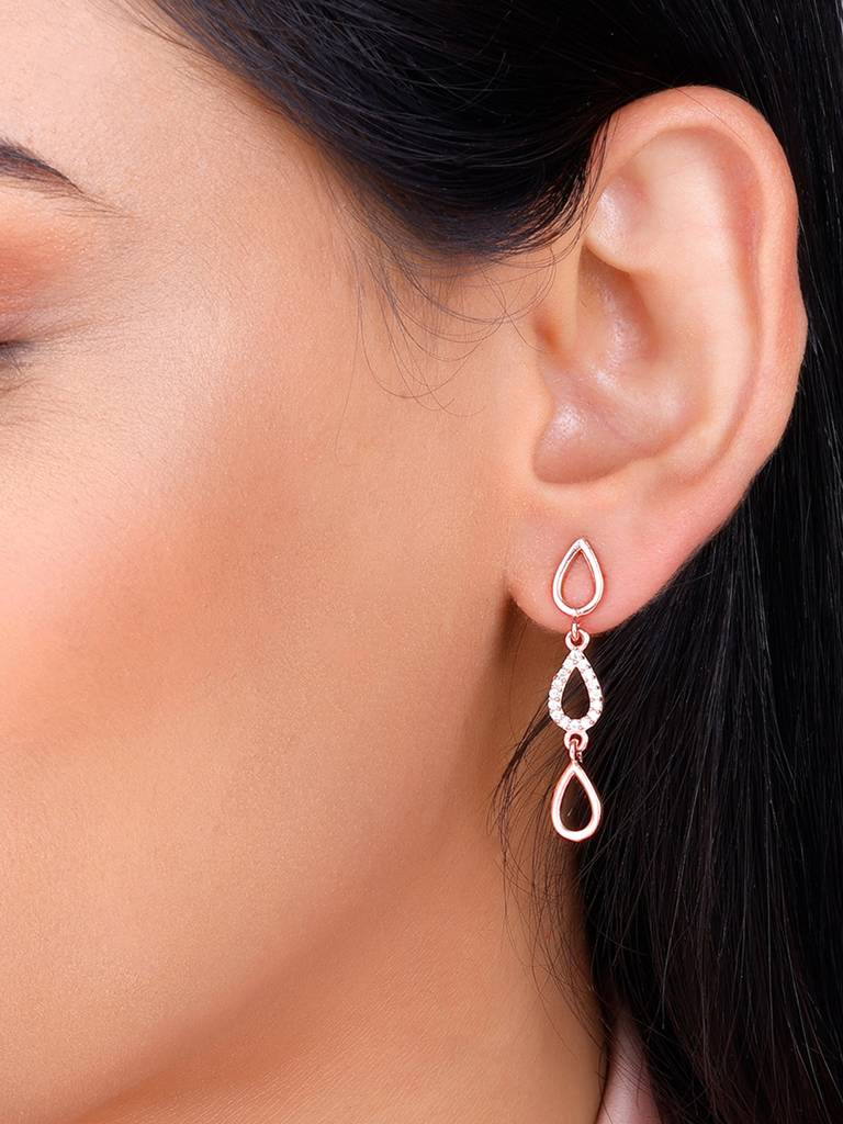 Giva 925 Sterling Silver Rose Gold Zircon Studded Marquis Earrings