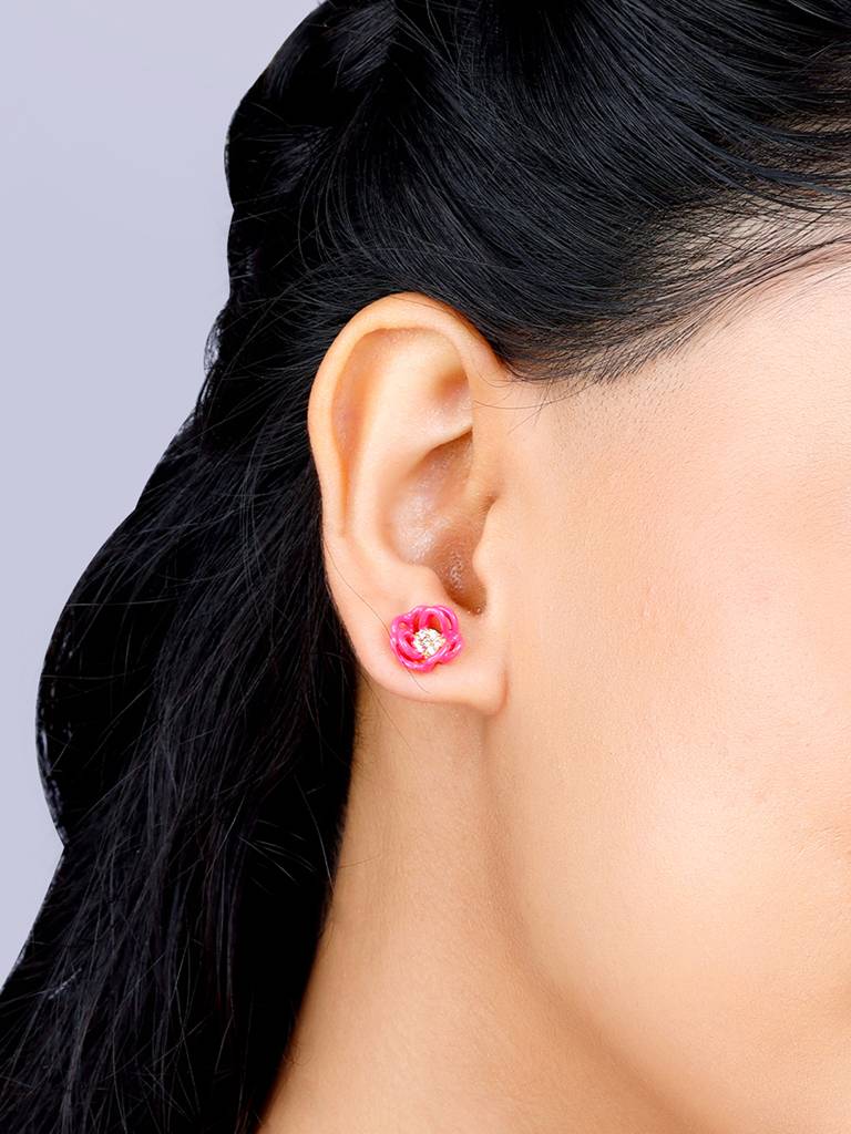 Giva 925 Sterling Silver Bhumi Golden Hot Pink Bramha Kamal Bud Earrings And Ring