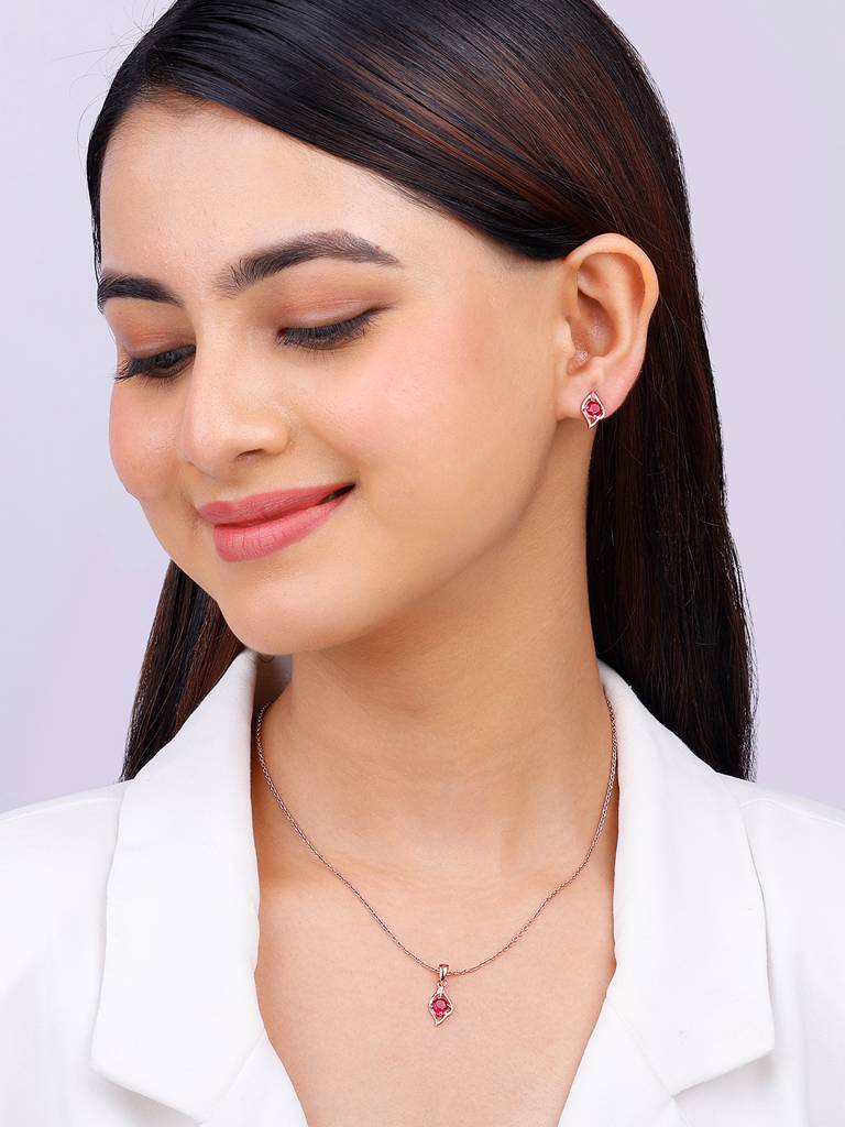 925 Silver Rose Gold Falling Dew In Red Set For Women And Girls : ER02592PD02346
