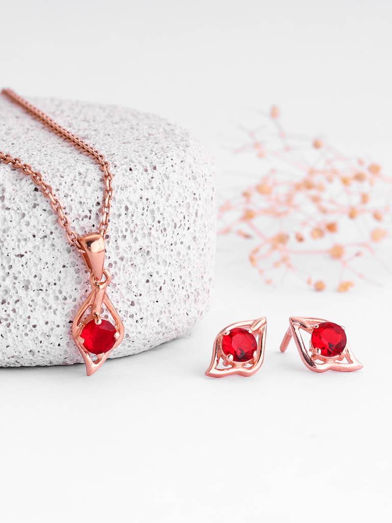 925 Silver Rose Gold Falling Dew In Red Set For Women And Girls : ER02592PD02346