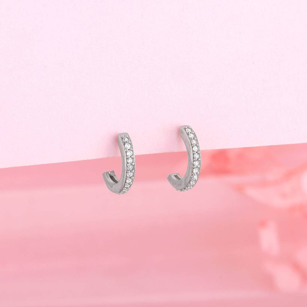 Silver Zircon Shining Hoop Huggies Earrings : ER0261