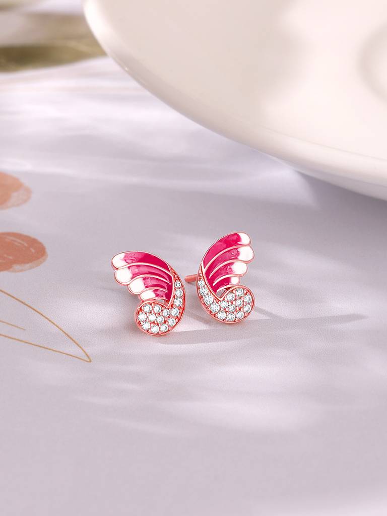 925 Silver Rose Gold Curled Wing Earrings For Women : ER02631