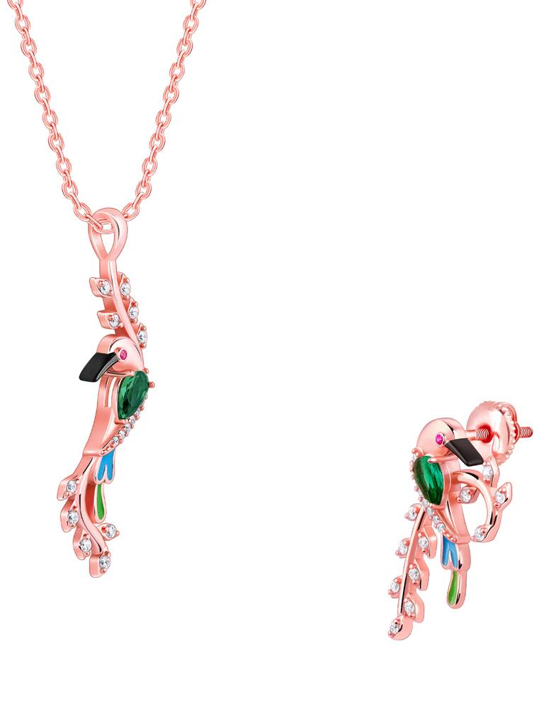 925 Silver Rose Gold Lovely Bird Set For Women : ER02636PD02406