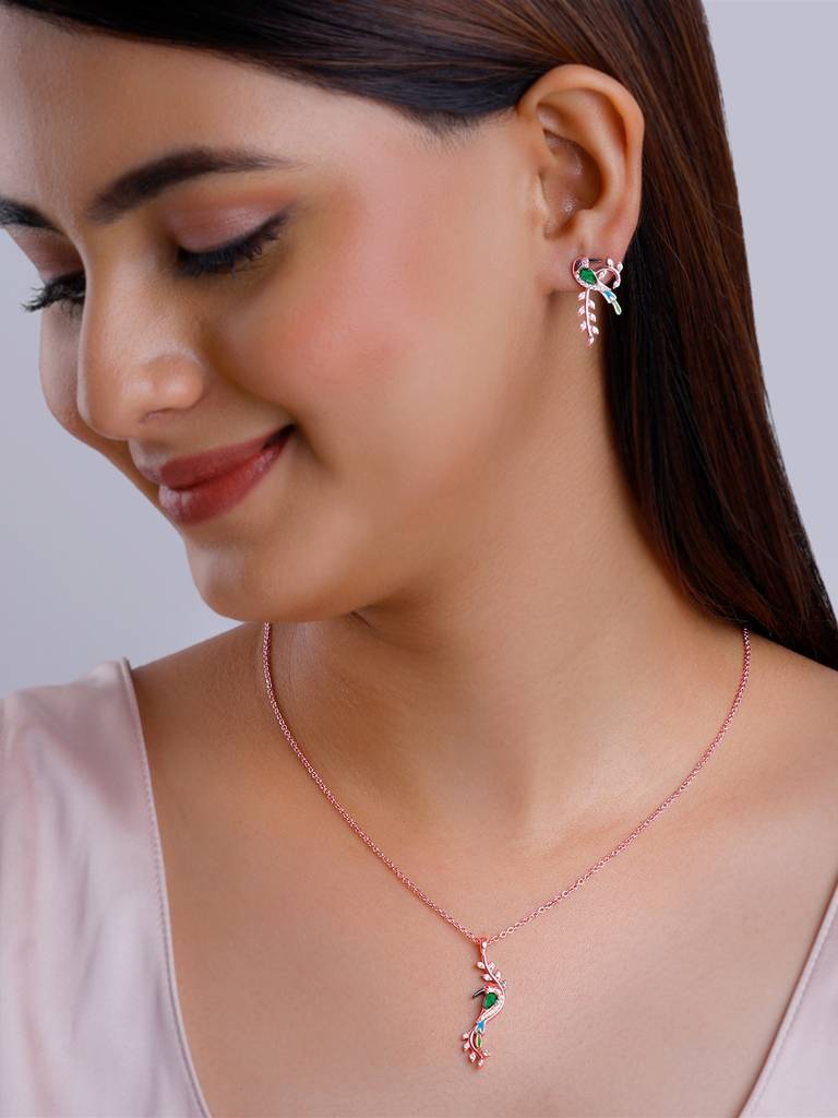 925 Silver Rose Gold Lovely Bird Set For Women : ER02636PD02406