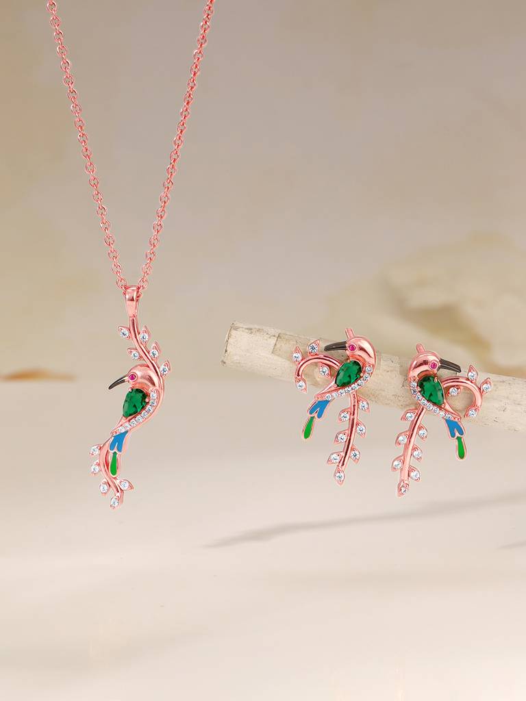 925 Silver Rose Gold Lovely Bird Set For Women : ER02636PD02406