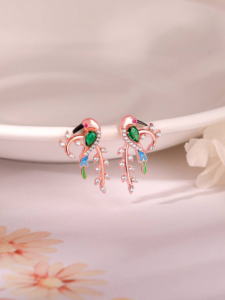 925 Silver Rose Gold Lovely Bird Earrings For Women : ER02636