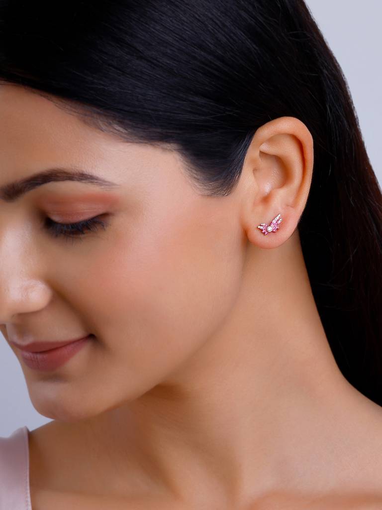 925 Silver Rose Gold Fly In Pink Earrings For Women : ER02639