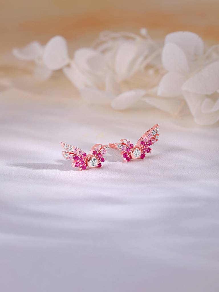 925 Silver Rose Gold Fly In Pink Earrings For Women : ER02639
