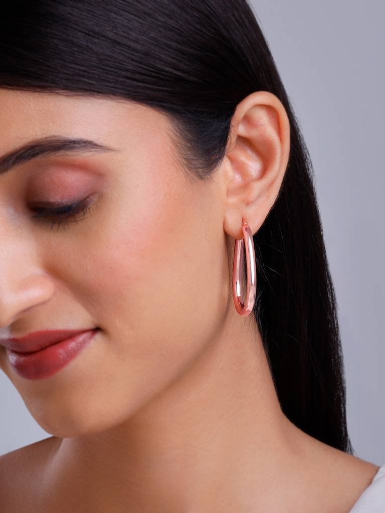 Silver Rose Gold Tapered Hoop Earrings : ER02724