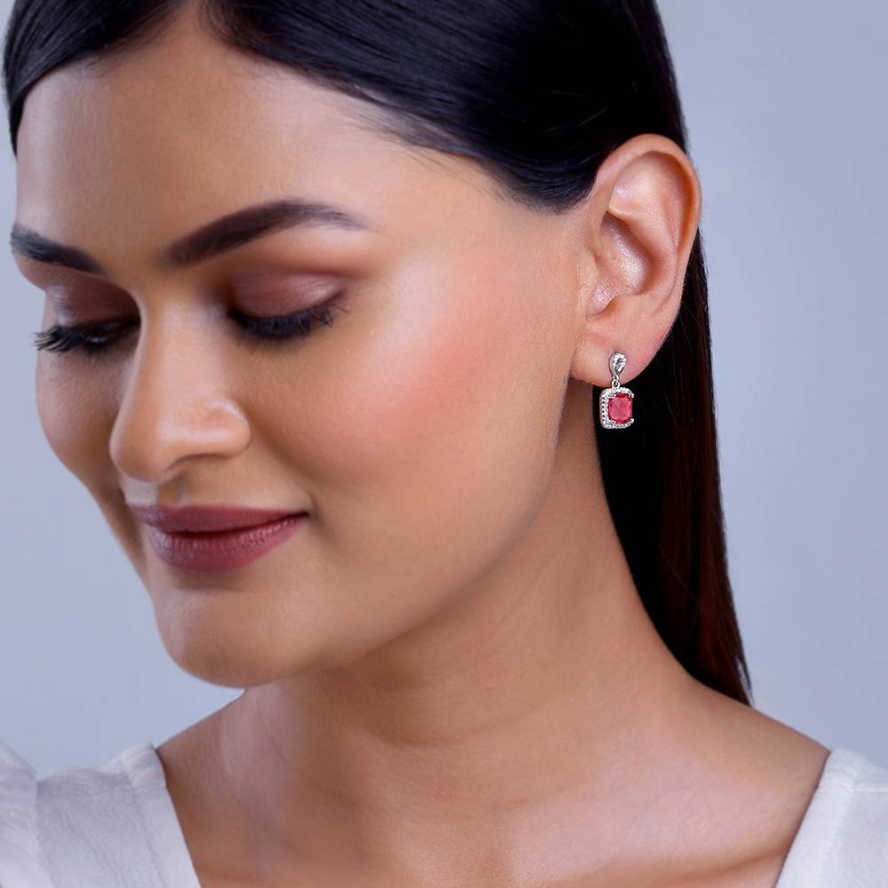 925 Silver Pink Square Earrings| Drops To Gift Women & Girls : ER02811
