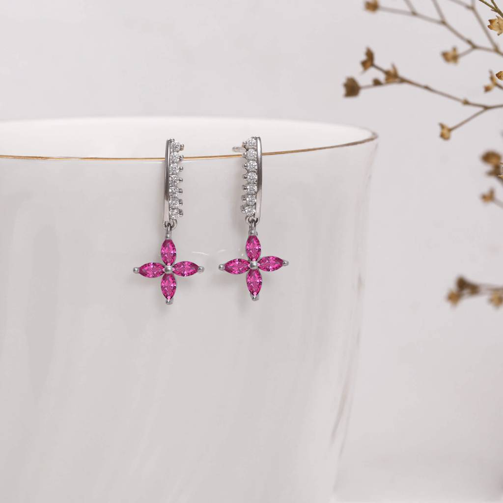 Silver Cherry Pink Flower Earrings : ER0335
