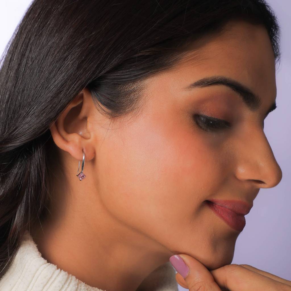 Silver Baby Pink Square Earrings : ER0340