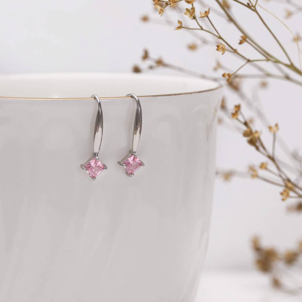 Silver Baby Pink Square Earrings : ER0340