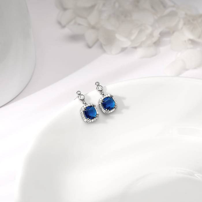 Silver Sapphire Blue Halo Earrings : ER0358