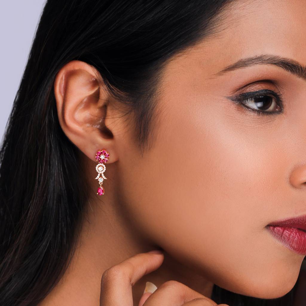 Rose Gold Zircon Pink Flower Drop Danglers : ER0483
