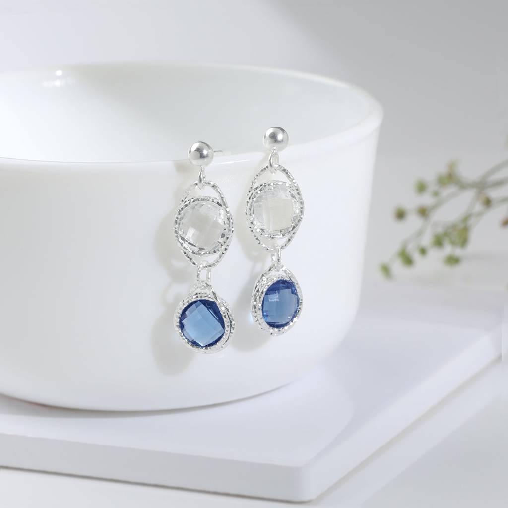 Silver Blue Stone Drop Earrings : ER0542
