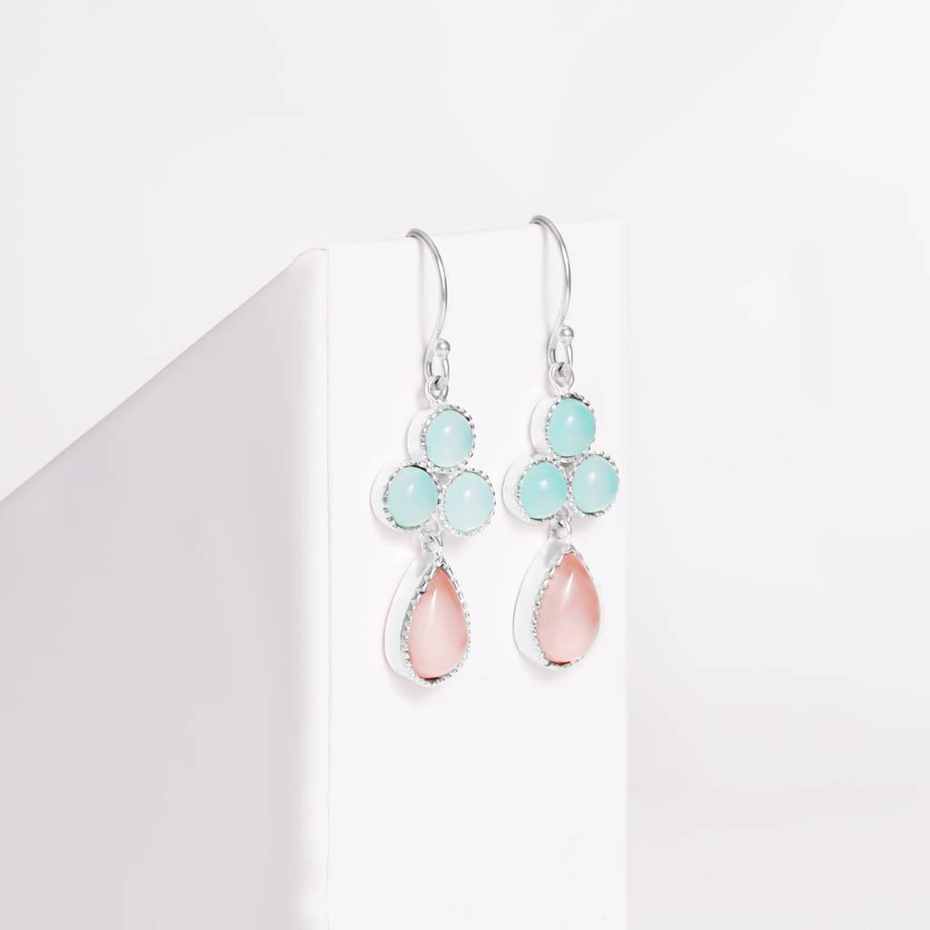 Silver Dual Tone Chalcedony Flower Drop Earrings : ER0555