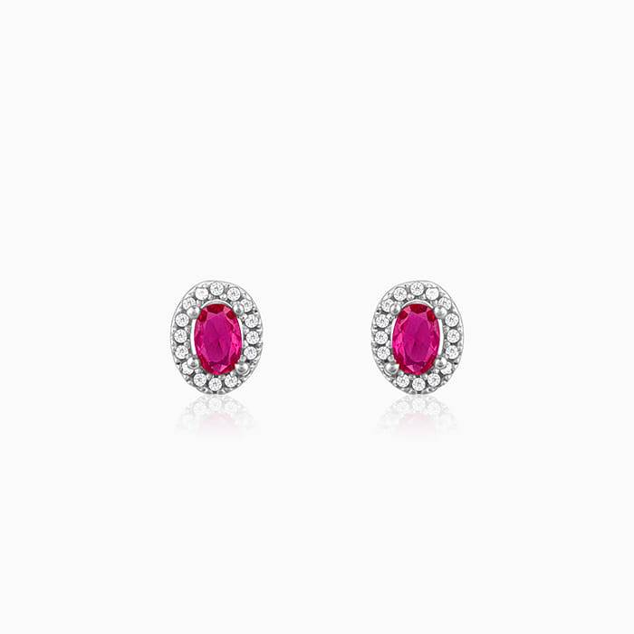 Silver Pink Oval Halo Studs : ER0587