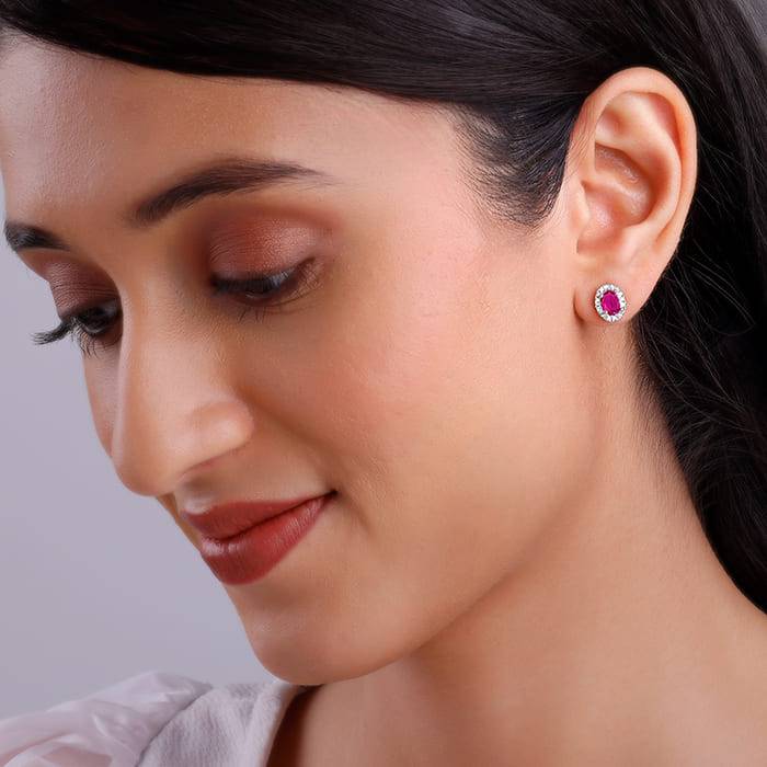 Silver Pink Oval Halo Studs : ER0587