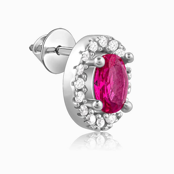 Silver Pink Oval Halo Studs : ER0587