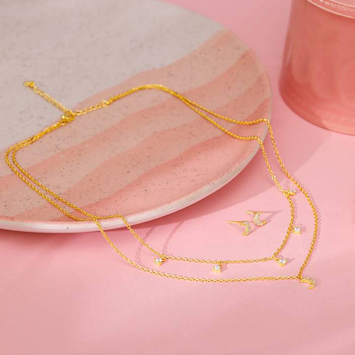 Giva 925 Silver Golden Crescent Zircon Set| Gifts For Women And Girls | With Certificate O : ER0593PD02428