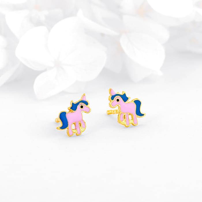 Silver Golden Pie Unicorn Kids Earrings (4-12 Yrs) : ER0694