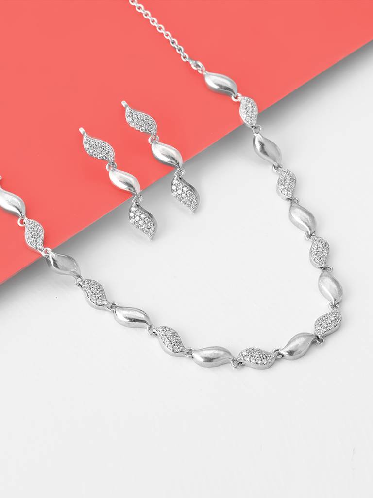 GIVA 925 Sterling Silver Zircon Studded Wavelet Necklace and Earrings Set