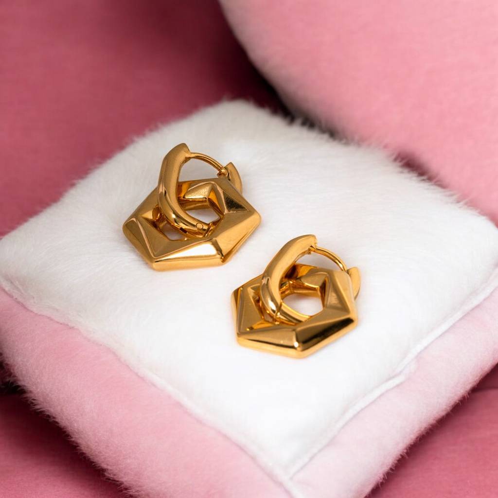 Golden Hexagon Earrings For Womens Waterproof & Anti-Tarnish : ER255