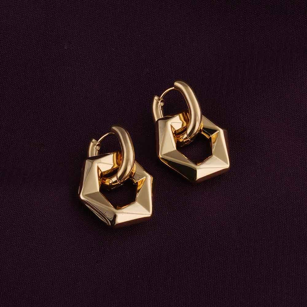 Golden Hexagon Earrings For Womens Waterproof & Anti-Tarnish : ER255