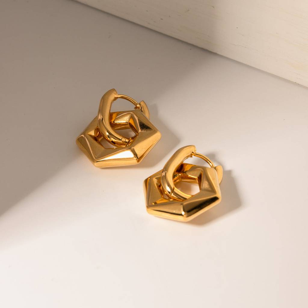 Golden Hexagon Earrings For Womens Waterproof & Anti-Tarnish : ER255