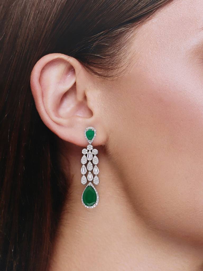 Sterling Silver Ravishing Green & White Teardrops Dangler Earrings : ERDN120-S-NA