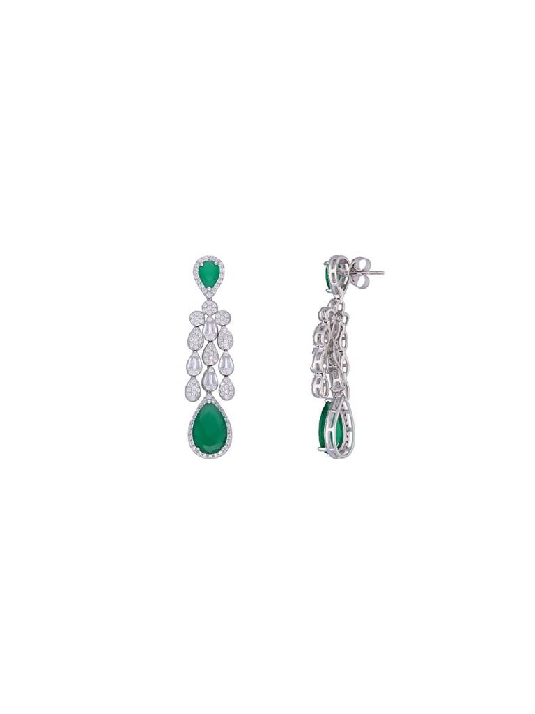 Sterling Silver Ravishing Green & White Teardrops Dangler Earrings : ERDN120-S-NA
