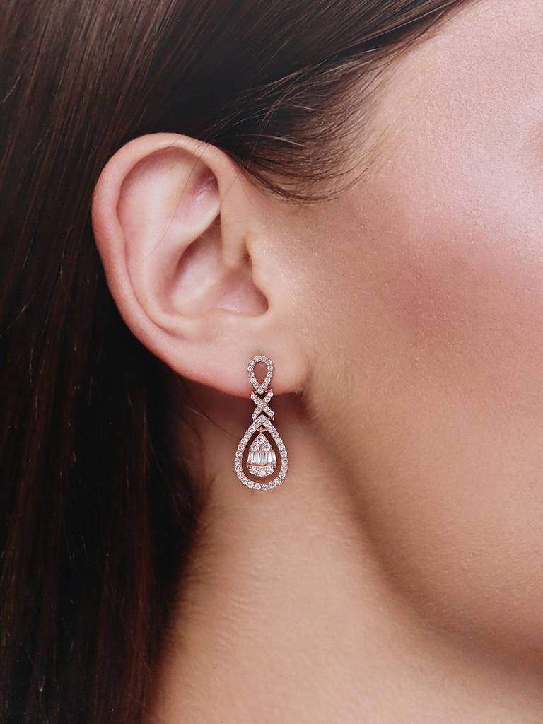 Sterling Silver Rose Gold Classic Crystal Drops Dangler Earrings : ERDN128-RG-NA