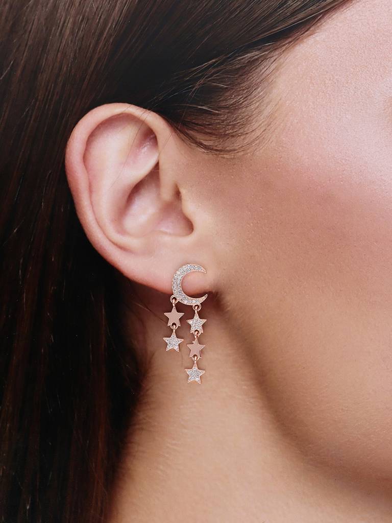 Sterling Silver Rose Gold Luna Stars Dangler Earrings : ERDN140-RG-NA