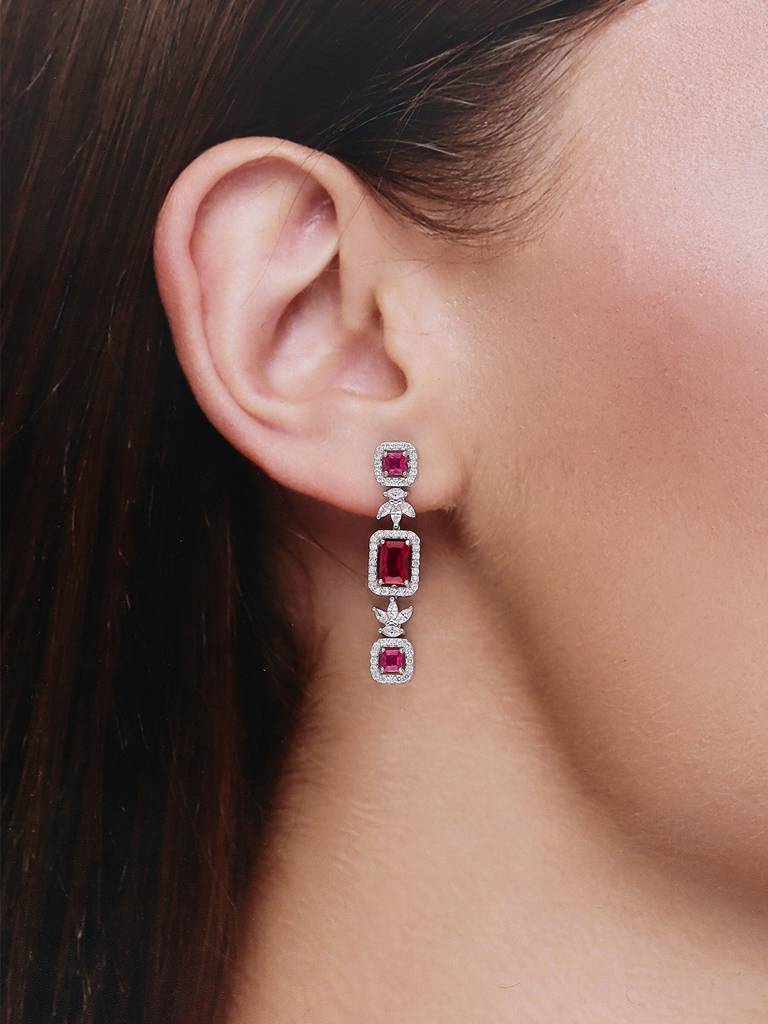 Sterling Silver Sparkling Zircon Studded Pink Baguettes Dangler Earrings : ERDN189-S-NA