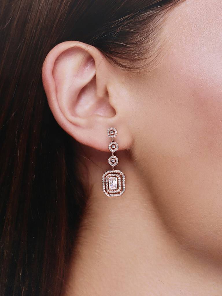 Sterling Silver Rose Gold Sparkling Diva Zircon Studded Dangler Earrings : ERDN195-RG-NA