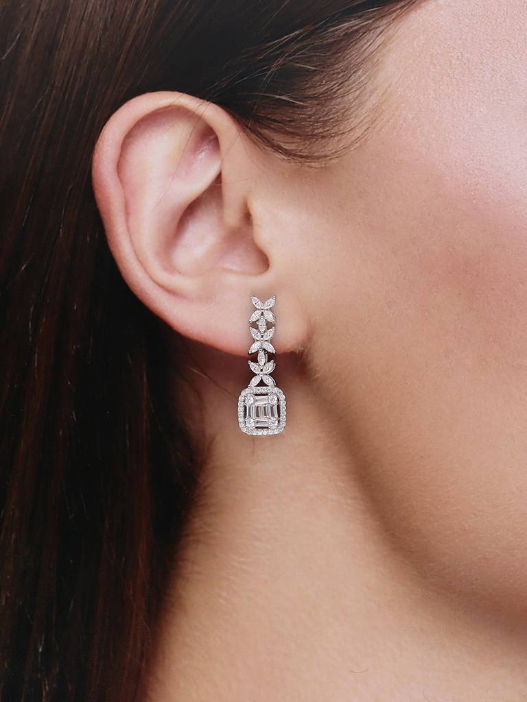Sterling Silver Bedazzling Zircon Baguettes & Blossoms Dangler Earrings : ERDN196-S-NA