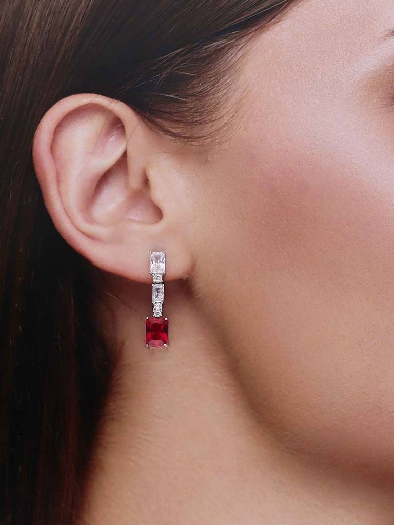Sterling Silver Chic Red Zircon Dangler Earrings : ERDN222-S-NA