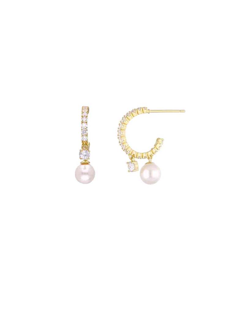Sterling Silver Gold Stylish Zircon Studded Pearl Drop Earrings : ERDR169-G-NA