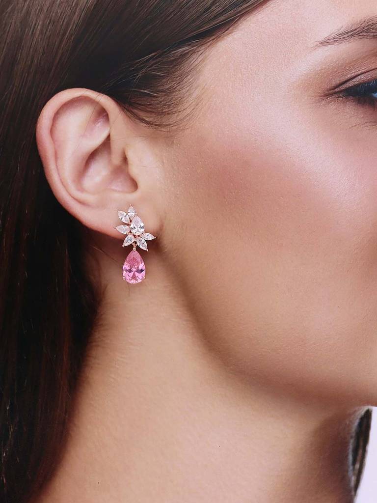 Sterling Silver Rose Gold Royal Pink Teardrops Statement Drop Earrings : ERDR175-RG-NA