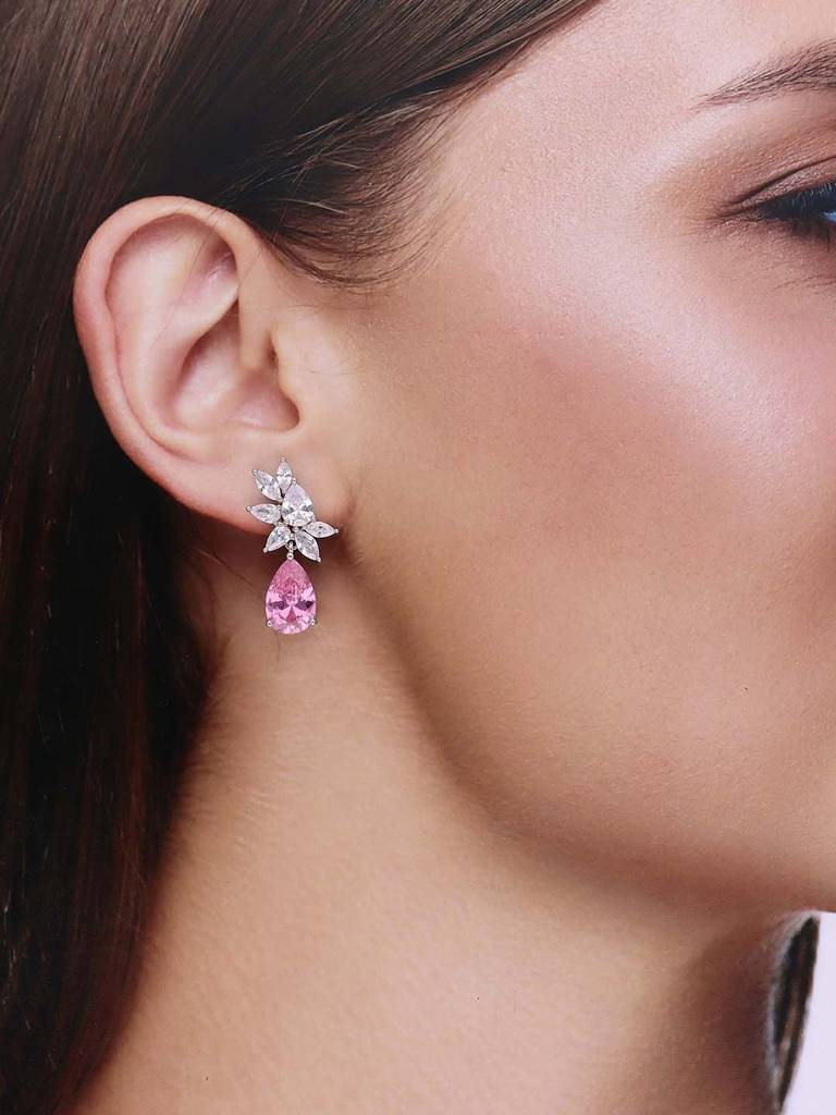Sterling Silver Royal Pink Teardrops Statement Drop Earrings : ERDR175-S-NA