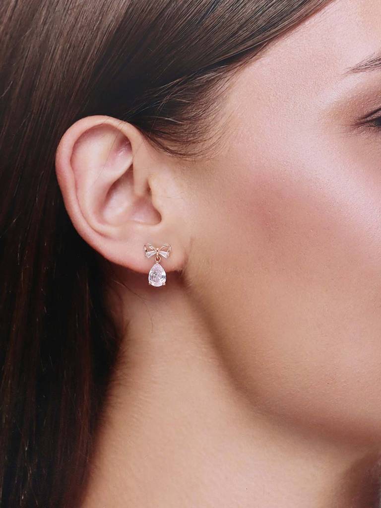 Sterling Silver Rose Gold Zircon Studded Bow Teardrops Drop Earrings : ERDR180-RG-NA