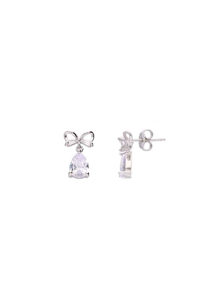 Sterling Silver Zircon Studded Bow Teardrops Drop Earrings : ERDR180-S-NA