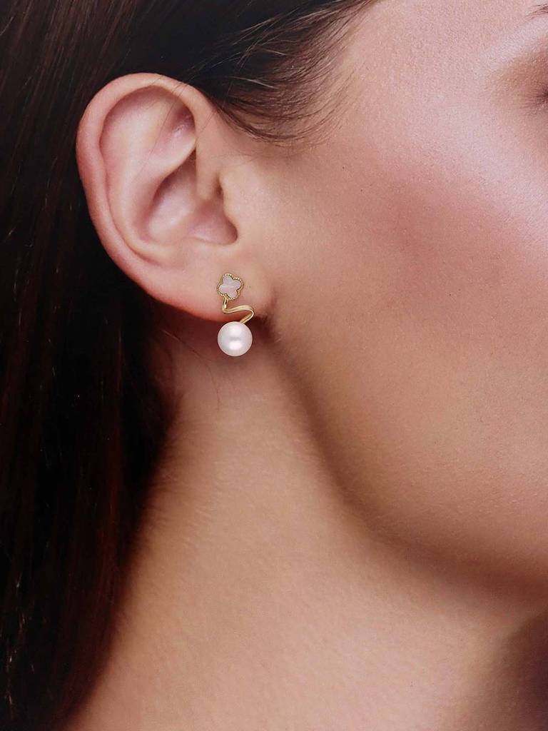 Sterling Silver Gold Pearl Clover Drop Earrings : ERDR215-G-NA