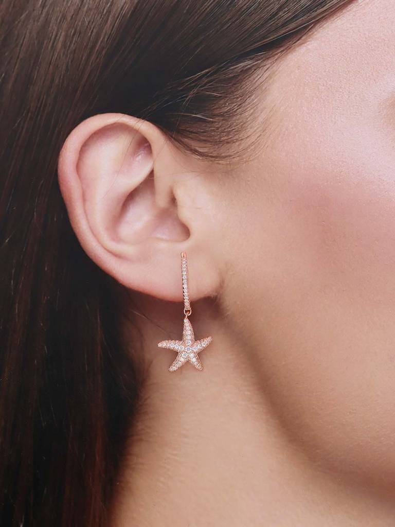 Sterling Silver Rose Gold Zircon Studded Starfish Drop Earrings : ERDR22-RG-NA