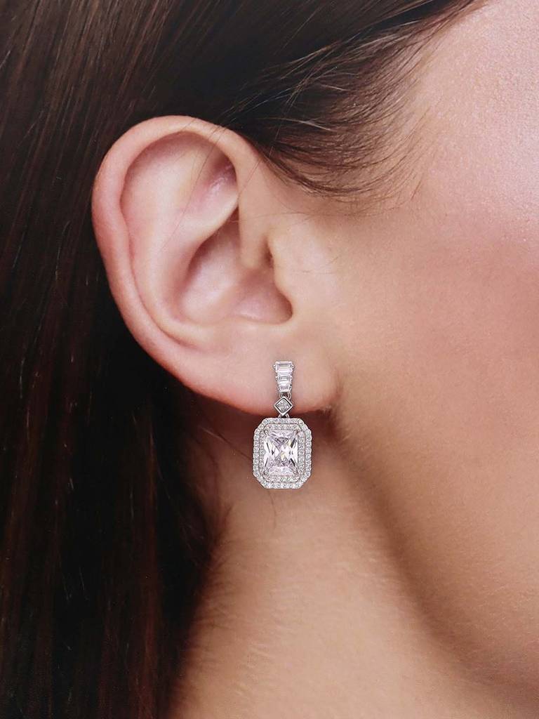 Sterling Silver Shimmering Zircon Studded Baguette Drop Earrings : ERDR59-S-NA