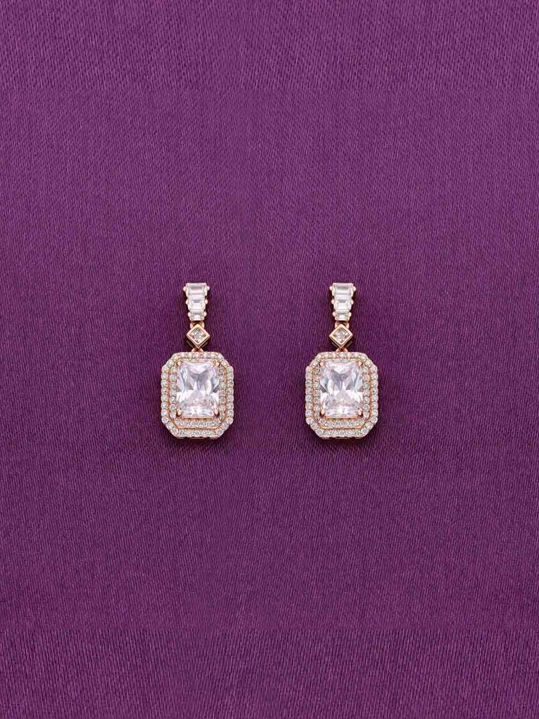 Sterling Silver Rose Gold Shimmering Zircon Studded Baguette Drop Earrings : ERDR62-RG-NA
