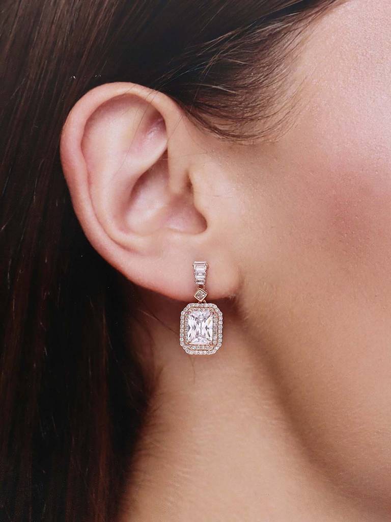 Sterling Silver Rose Gold Shimmering Zircon Studded Baguette Drop Earrings : ERDR62-RG-NA