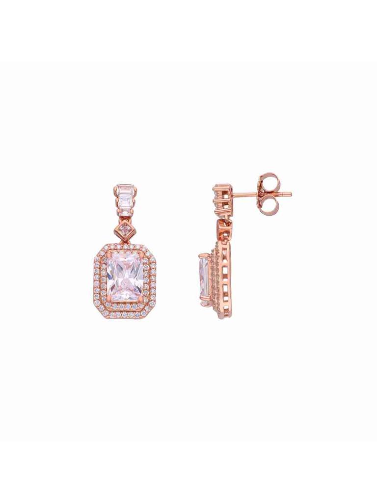 Sterling Silver Rose Gold Shimmering Zircon Studded Baguette Drop Earrings : ERDR62-RG-NA